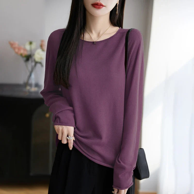 Suéter de manga larga para mujer con cuello redondo, tejido fino y diseño básico