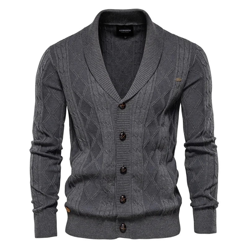 Cardigan da uomo in maglia con collo a scialle e motivo a rombi, abbottonatura e maniche lunghe