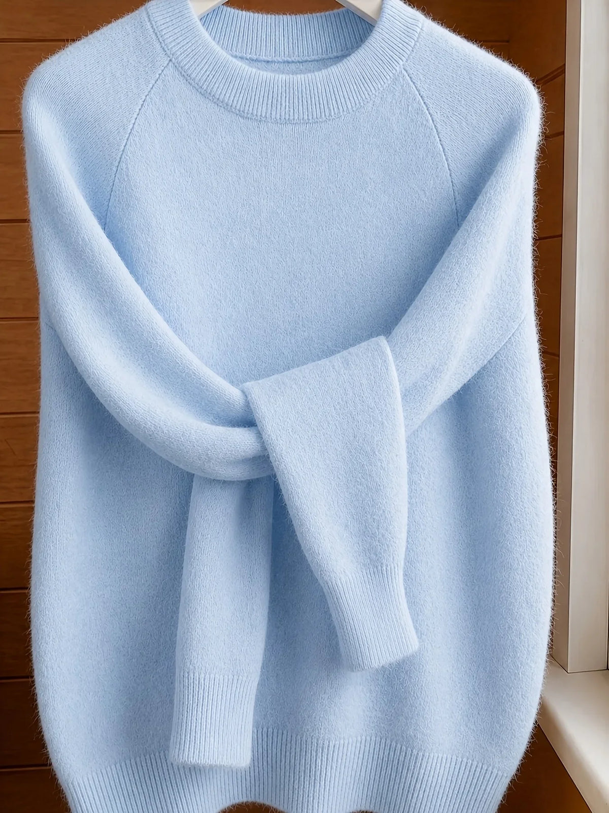 Pullover da donna azzurro chiaro, a maniche lunghe, girocollo, dalla vestibilità ampia