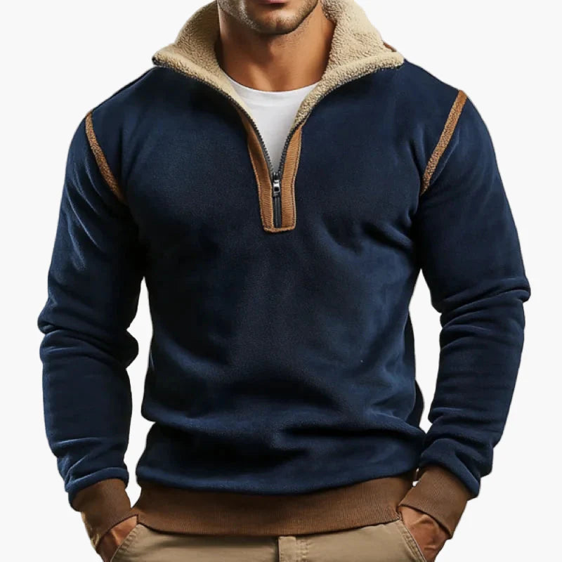 Męski vintage sweatshirt patchwork ze stójką i zamkiem – Retro sweter na jesień i zimę na czas wolny i streetwear