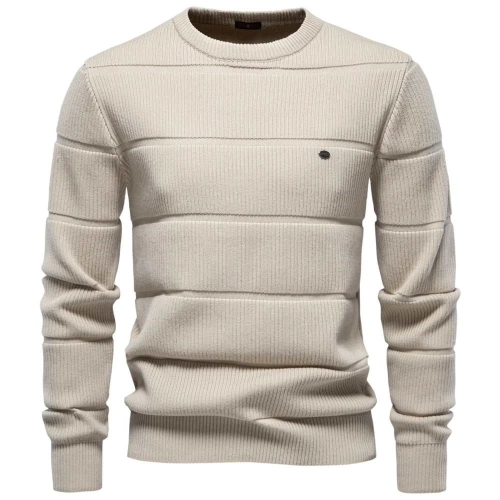Herren Strickpullover Rippstrick Rundhals Langarm Beige