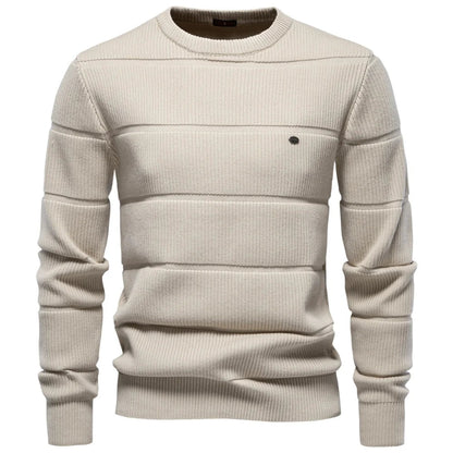 Herren Strickpullover Rippstrick Rundhals Langarm Beige