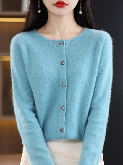 Damen Strickjacke mit Rundhalsausschnitt, Knopfleiste und langen Ärmeln, meliert grau