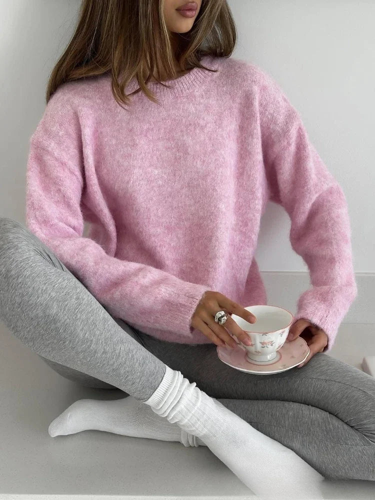 Damen Pullover weich Rundhalsausschnitt langärmlig