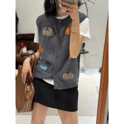 Damen Strickweste mit Kürbis-Motiven, ärmelloser Cardigan mit Knöpfen