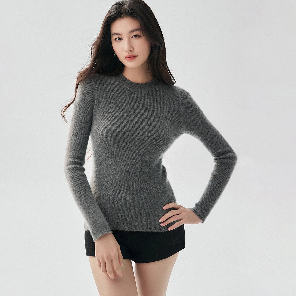 Damen Feinstrickpullover Rundhals Langarm Schmal Geschnitten