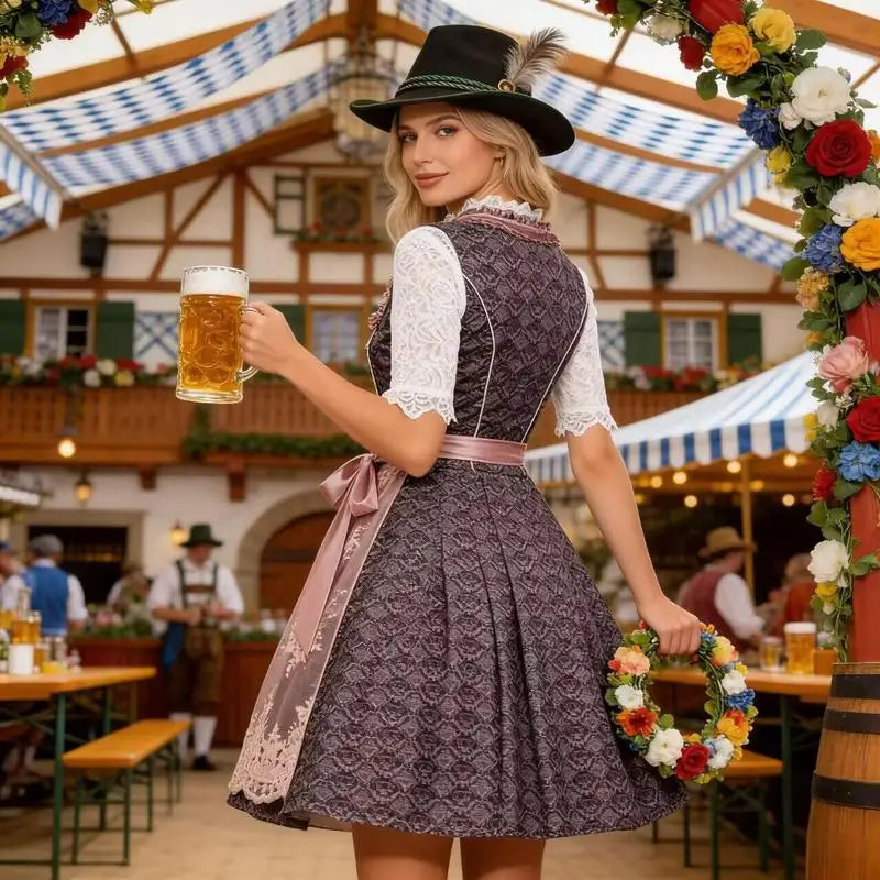 Dirndl til damer, tradisjonell kjole med blonder, forkle og bluse til oktoberfesten