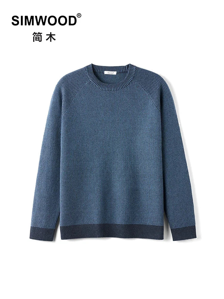 Herren Pullover Rippstrick Blau Rundhalsausschnitt