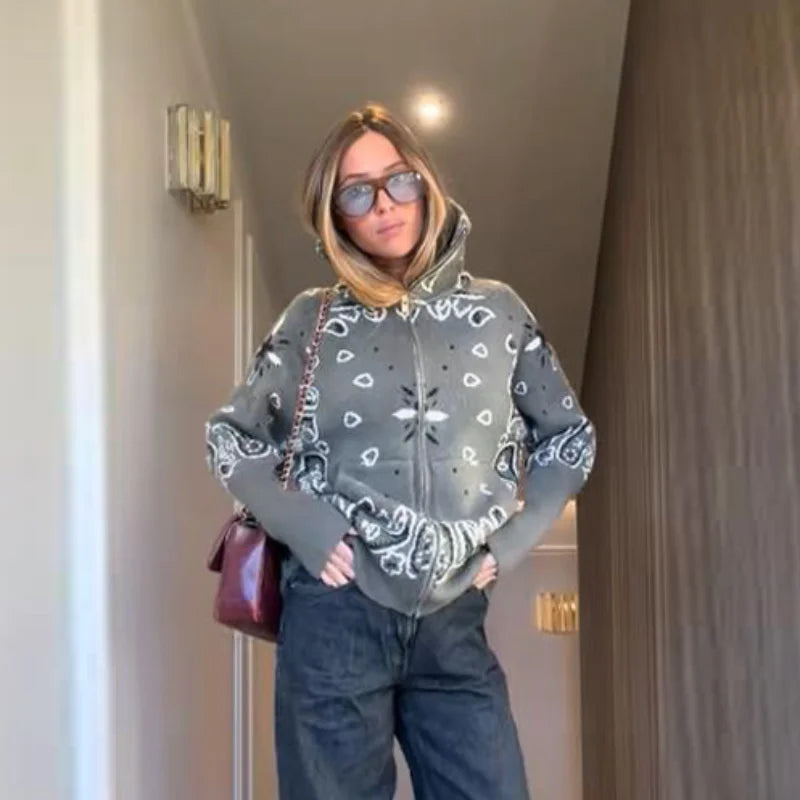 Gilet en maille pour femme avec fermeture éclair et motif bandana, col montant