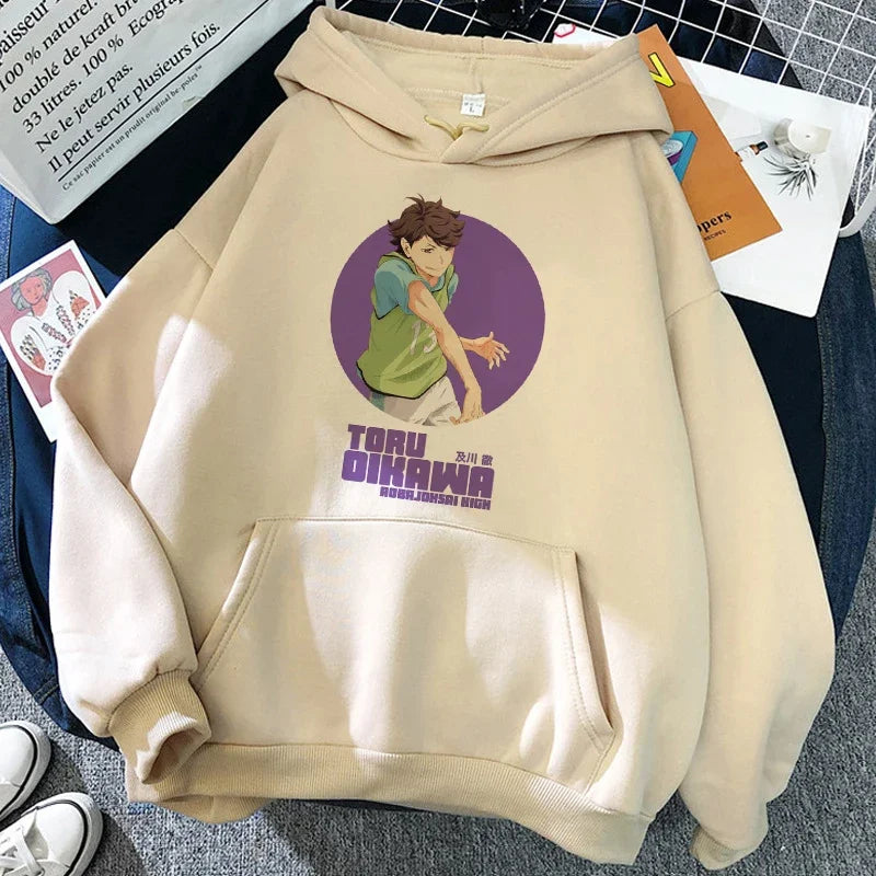 Felpa unisex con cappuccio e stampa anime - beige chiaro "Karasuno Volleyball Club"