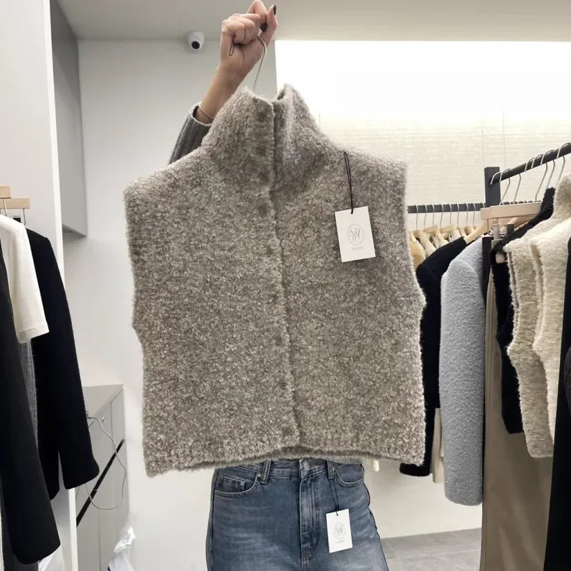 Damen Bouclé Strickweste hochgeschlossen ärmellos Knopfleiste