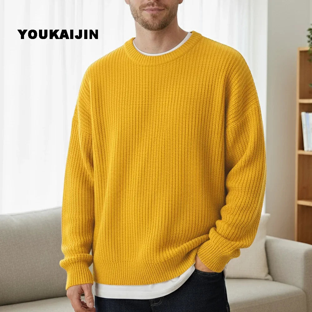 Pullover da uomo in maglia, girocollo, maglia grossa, tinta unita