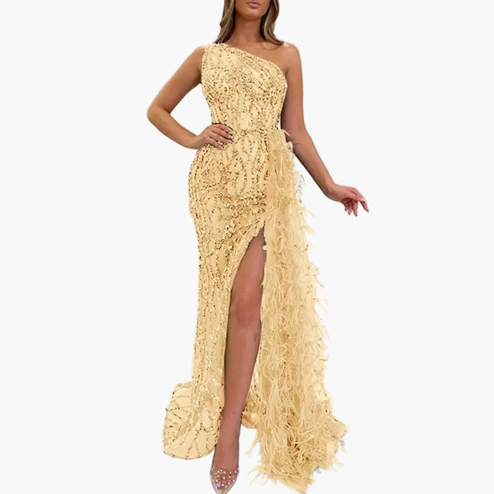 Vestido de noche para mujer de un solo hombro con lentejuelas y plumas – Vestido de fiesta elegante para ocasiones especiales