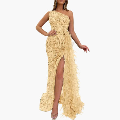 Vestido de noche para mujer de un solo hombro con lentejuelas y plumas – Vestido de fiesta elegante para ocasiones especiales