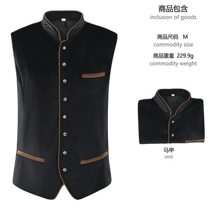 Ensemble pour homme composé d’une chemise traditionnelle à volants, d’un gilet traditionnel en velours et d’un pantalon en cuir