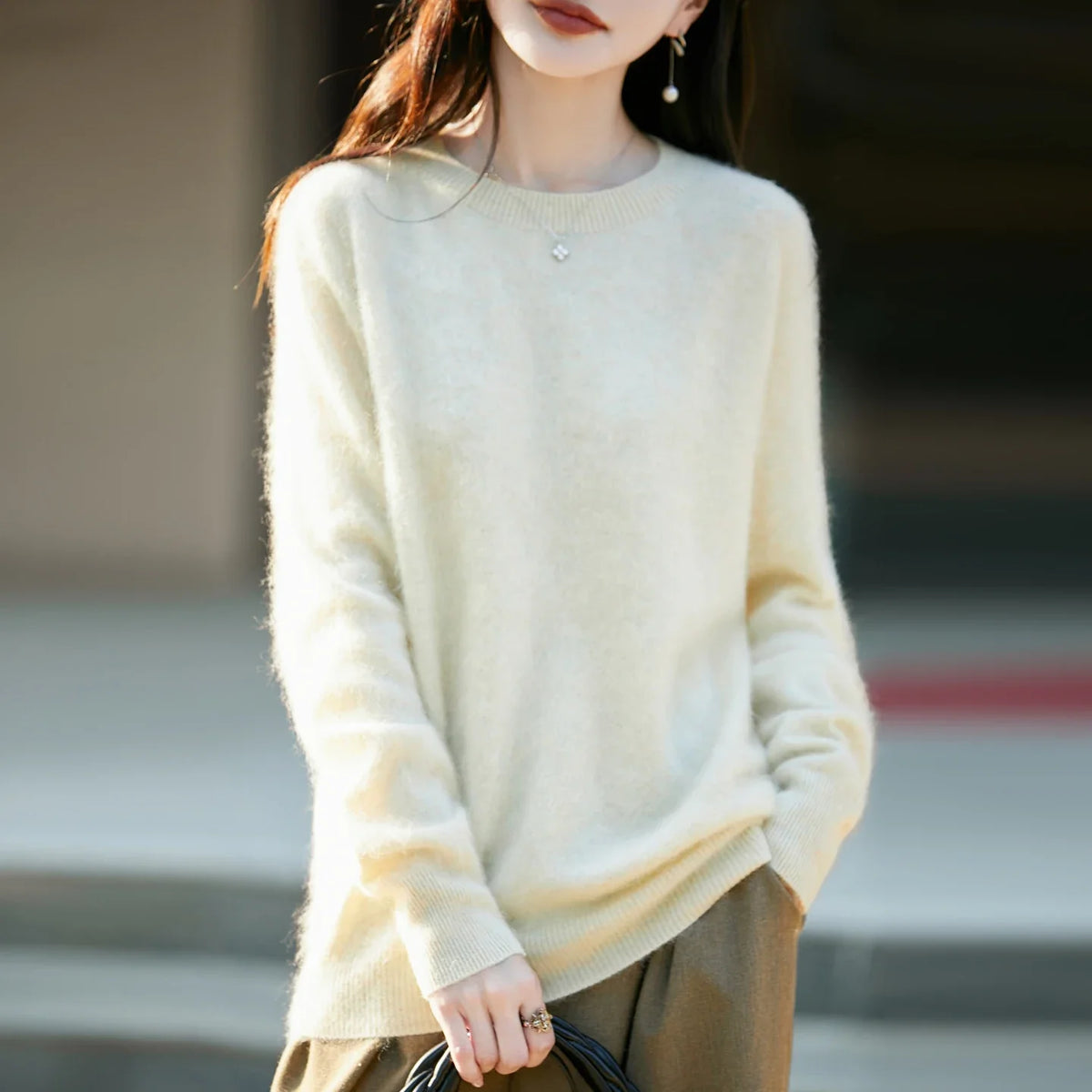 Pullover da donna in maglia, a girocollo, a maniche lunghe, morbido