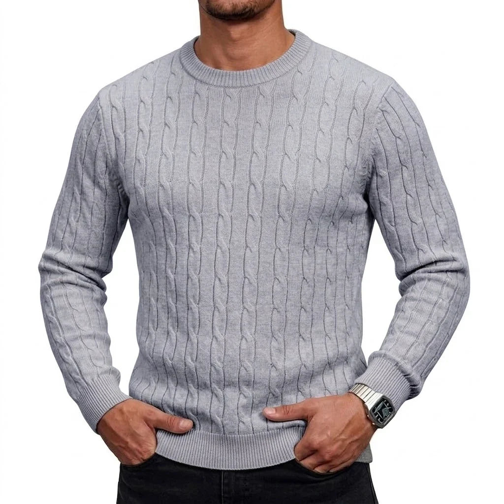 Herren Zopfmuster Pullover Rundhals Langarm Strickpullover