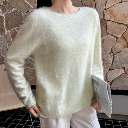 Damen Flauschiger Pullover Rundhalsausschnitt Langarm