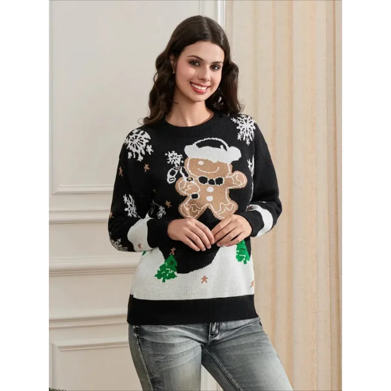 Pullover natalizio con motivo di omino di pan di zenzero, girocollo