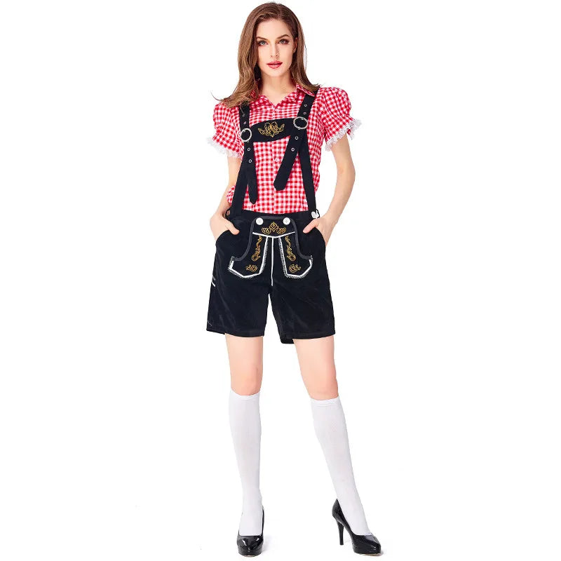 Costume da donna in stile dirndl con camicetta a quadri e pantaloncini con bretelle, vari colori