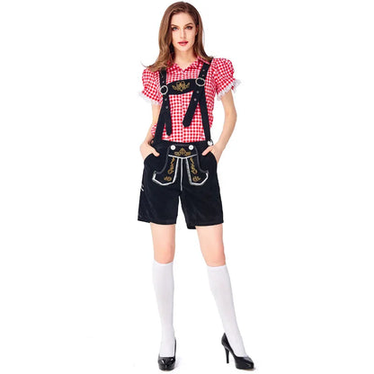 Costume da donna in stile dirndl con camicetta a quadri e pantaloncini con bretelle, vari colori