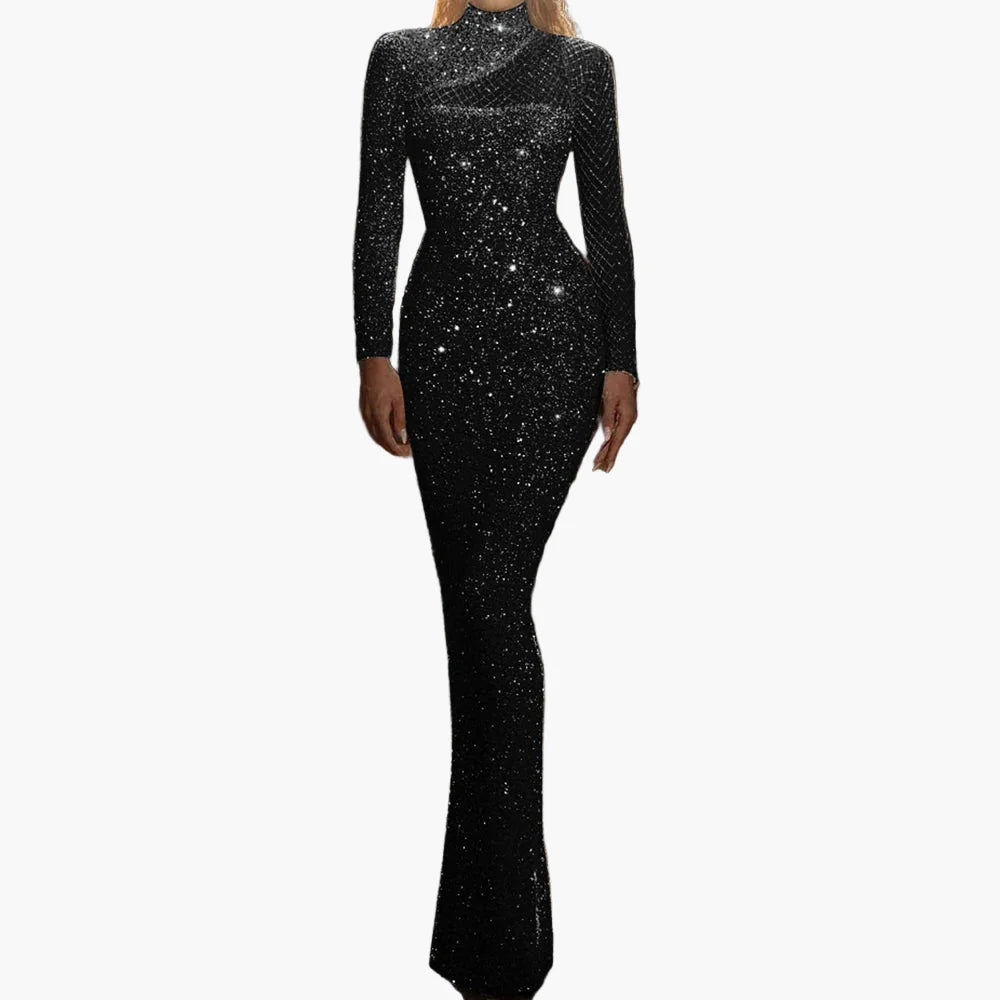 Abito da sera da donna glitterato a maniche lunghe elegante bodycon per feste e balli