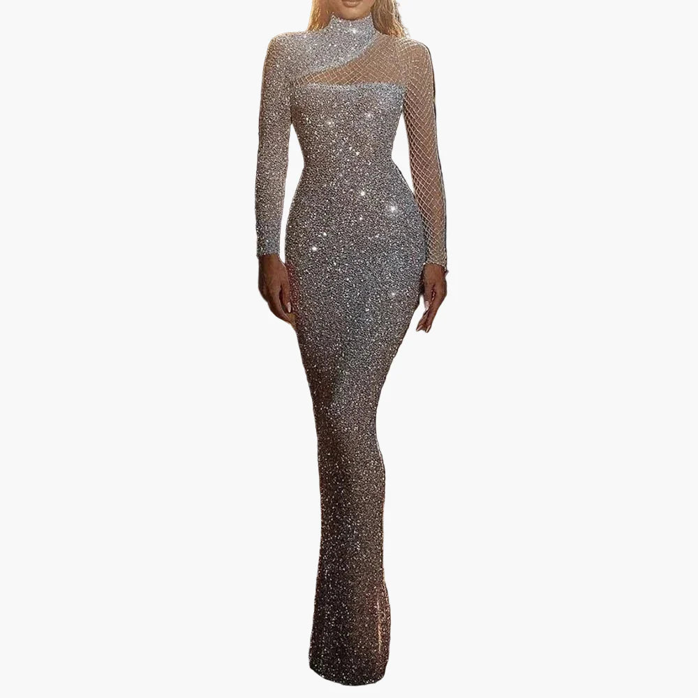 Abito da sera da donna glitterato a maniche lunghe elegante bodycon per feste e balli
