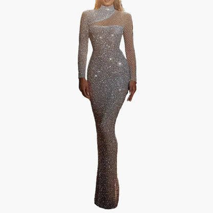 Abito da sera da donna glitterato a maniche lunghe elegante bodycon per feste e balli