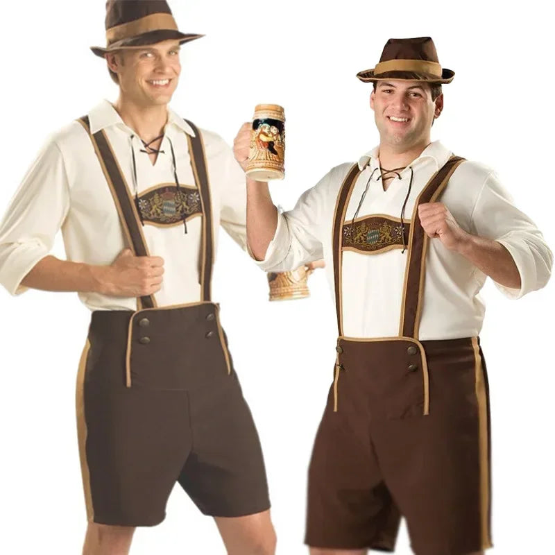 Completo tradizionale da uomo per Oktoberfest beige e marrone con bretelle e cappello