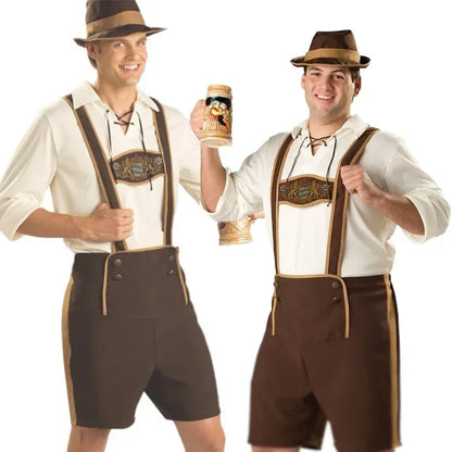 Completo tradizionale da uomo per Oktoberfest beige e marrone con bretelle e cappello