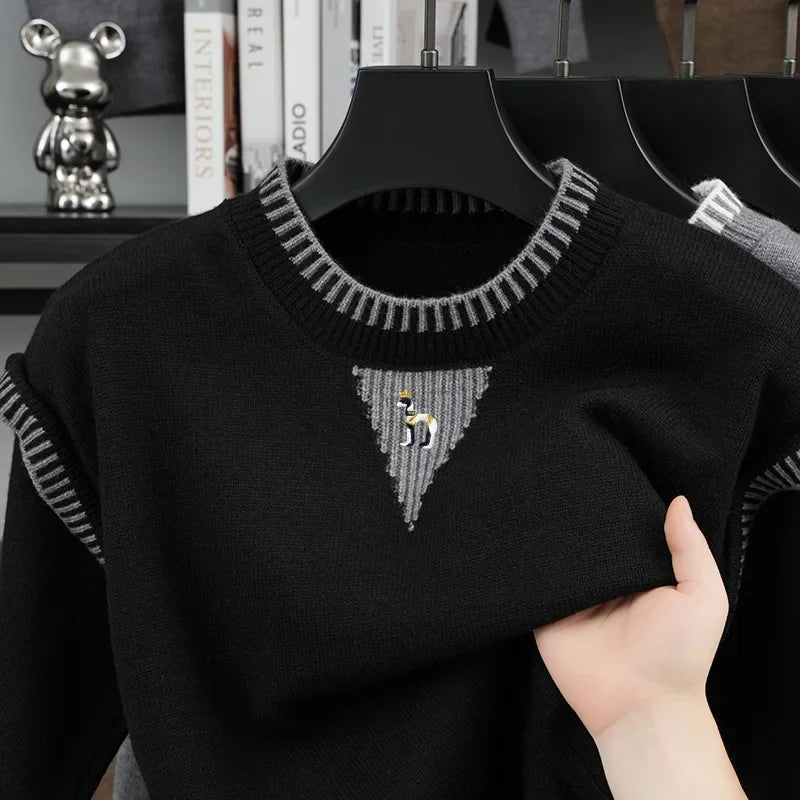Herren Strickpullover Rundhals mit Muster auf der Brust