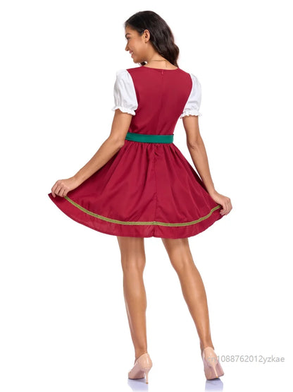 Dirndl da donna rosso e verde, camicetta tirolese e grembiule