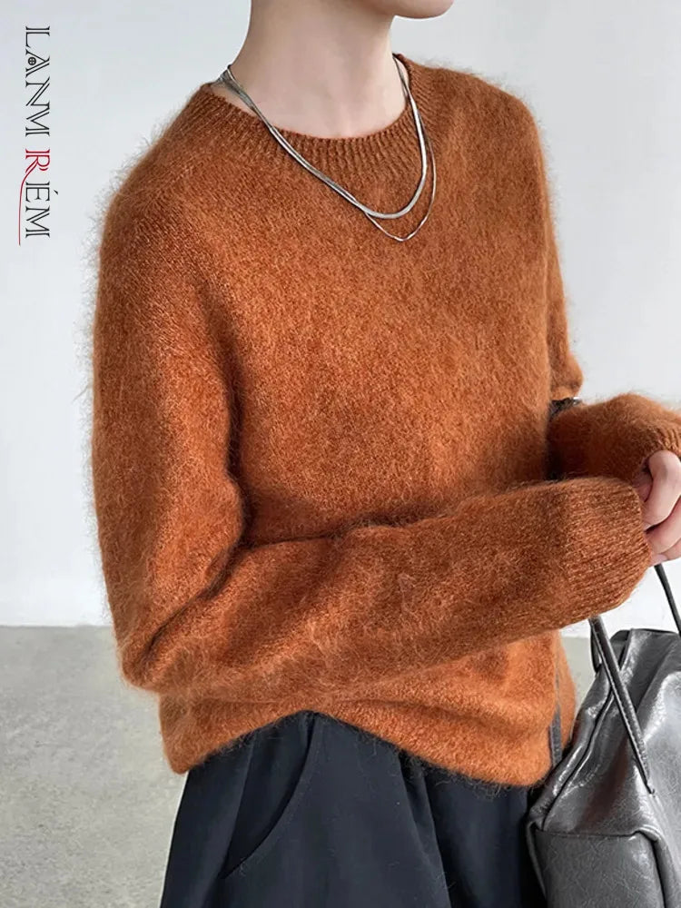 [LANMREM] Dames Fleece Gevoerde Ronde Hals Wollen Gebreide Trui Zachte Pluizige Slim Fit Sfeervolle Pullover Voor Herfst Winter 26E04076