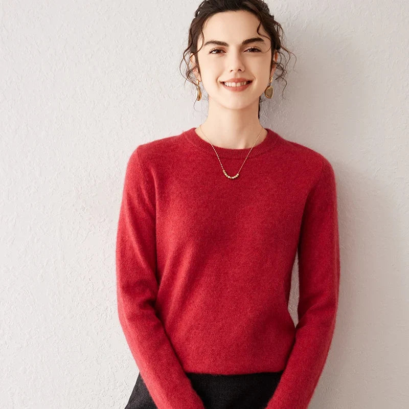 Pull femme à col rond et manches longues, maille fine, basique