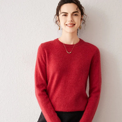 Pull femme à col rond et manches longues, maille fine, basique