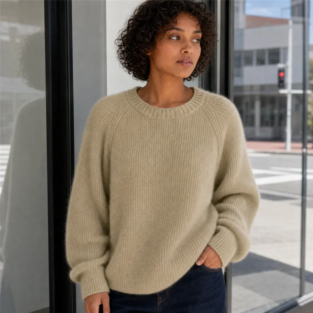 Maglione da donna a girocollo, maniche lunghe, in maglia a coste, giallo