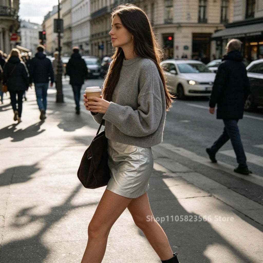 Damestrikpullover med rund hals, lange ærmer, oversize