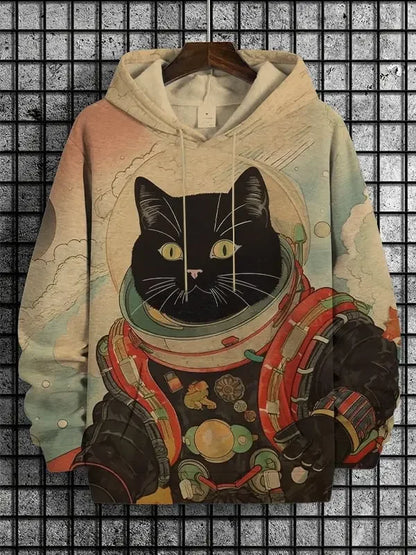 Unisex Kapuzenpullover mit Katzen-Motiv Print Kängurutasche