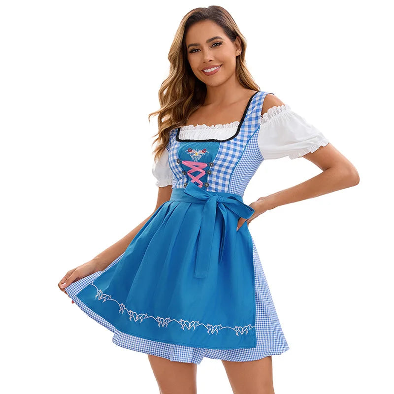 Damesdirndl blauw geruit en effen met schort, schoudervrij