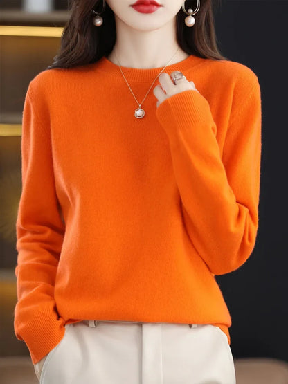 Damen Pullover Rundhals Langarm Strickpullover Einfarbig