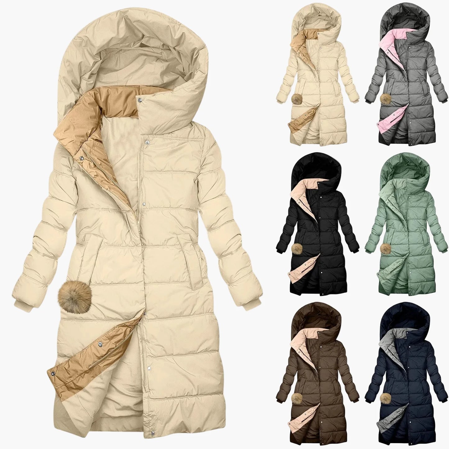 Dames lange winter doorgestikte jas met capuchon – Elegante outdoor winterjas voor dagelijks gebruik en vrije tijd