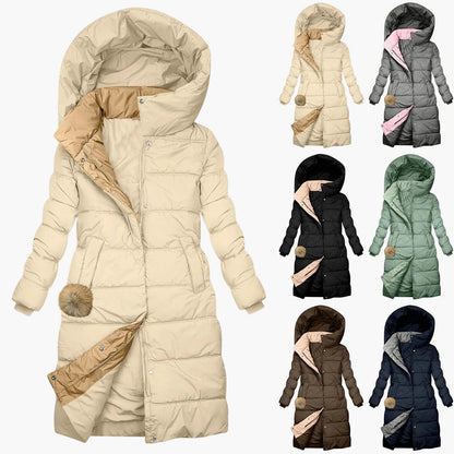 Dames lange winter doorgestikte jas met capuchon – Elegante outdoor winterjas voor dagelijks gebruik en vrije tijd