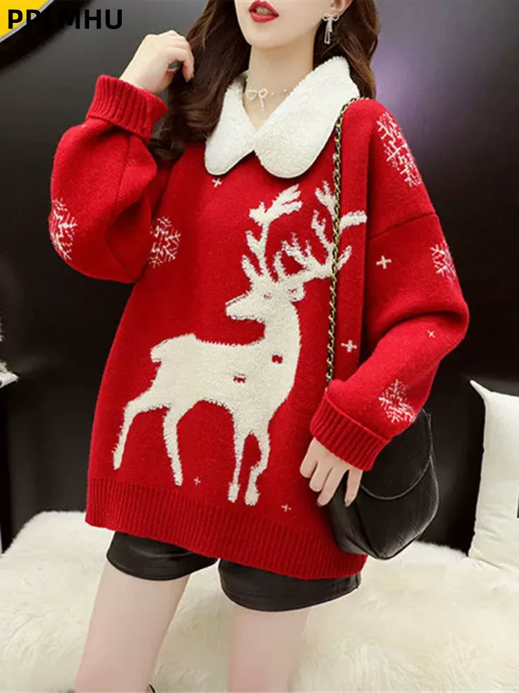 Pullover natalizio da donna con renna e fiocchi di neve, colletto con orsacchiotto, oversize, in maglia