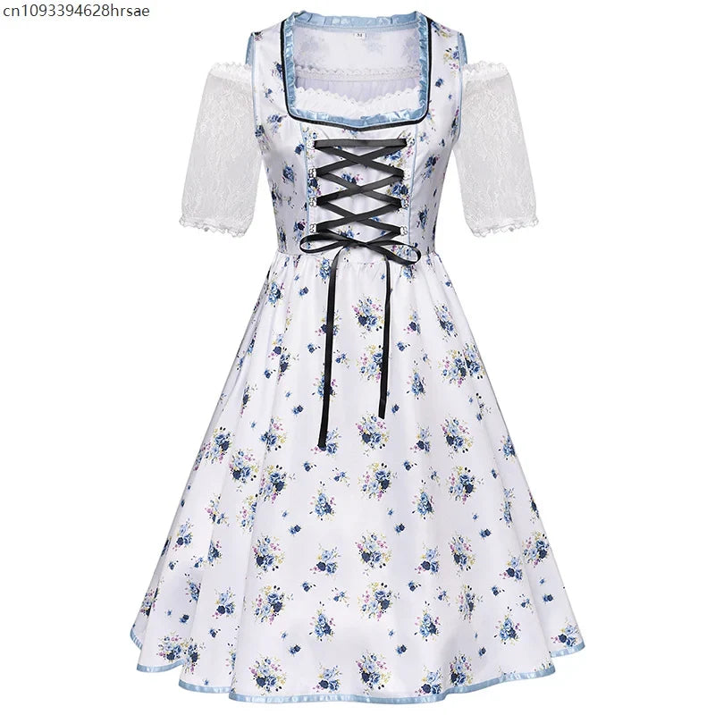 Dirndl til dame, tradisjonelt blomstermønster, blått og hvittketøy