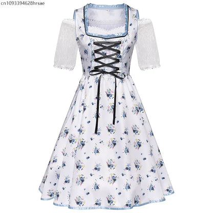 Dirndl til dame, tradisjonelt blomstermønster, blått og hvittketøy