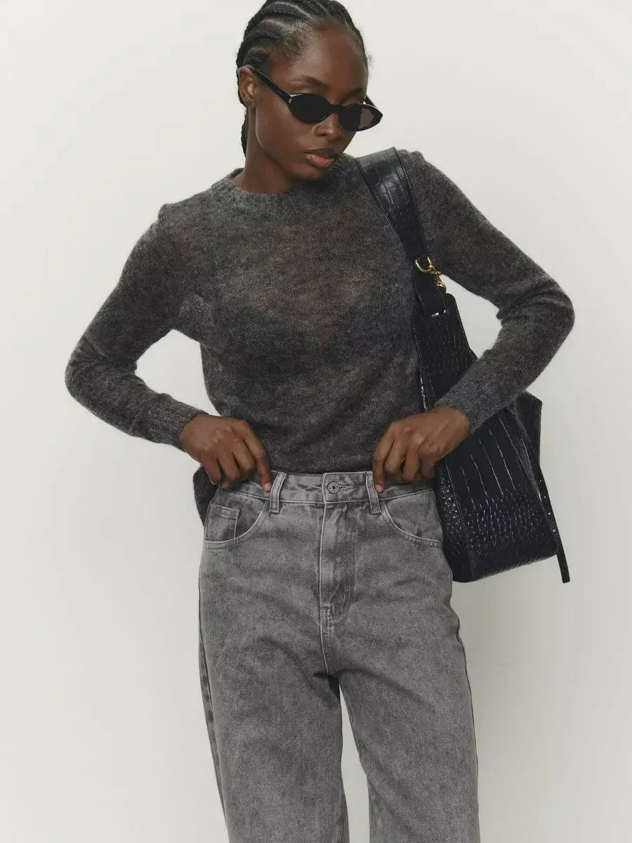 Pull transparent pour femme, col rond, manches longues, en maille