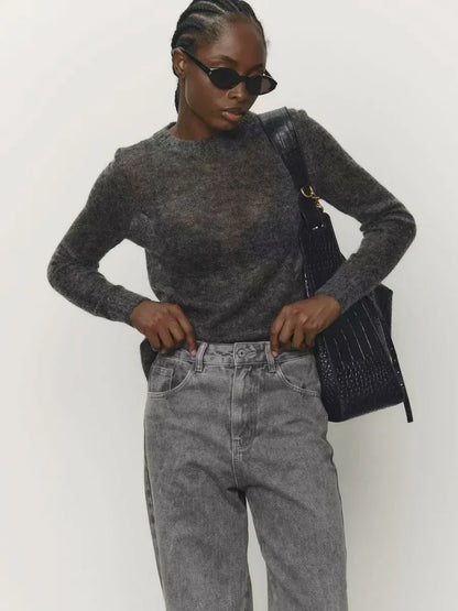 Pull transparent pour femme, col rond, manches longues, en maille