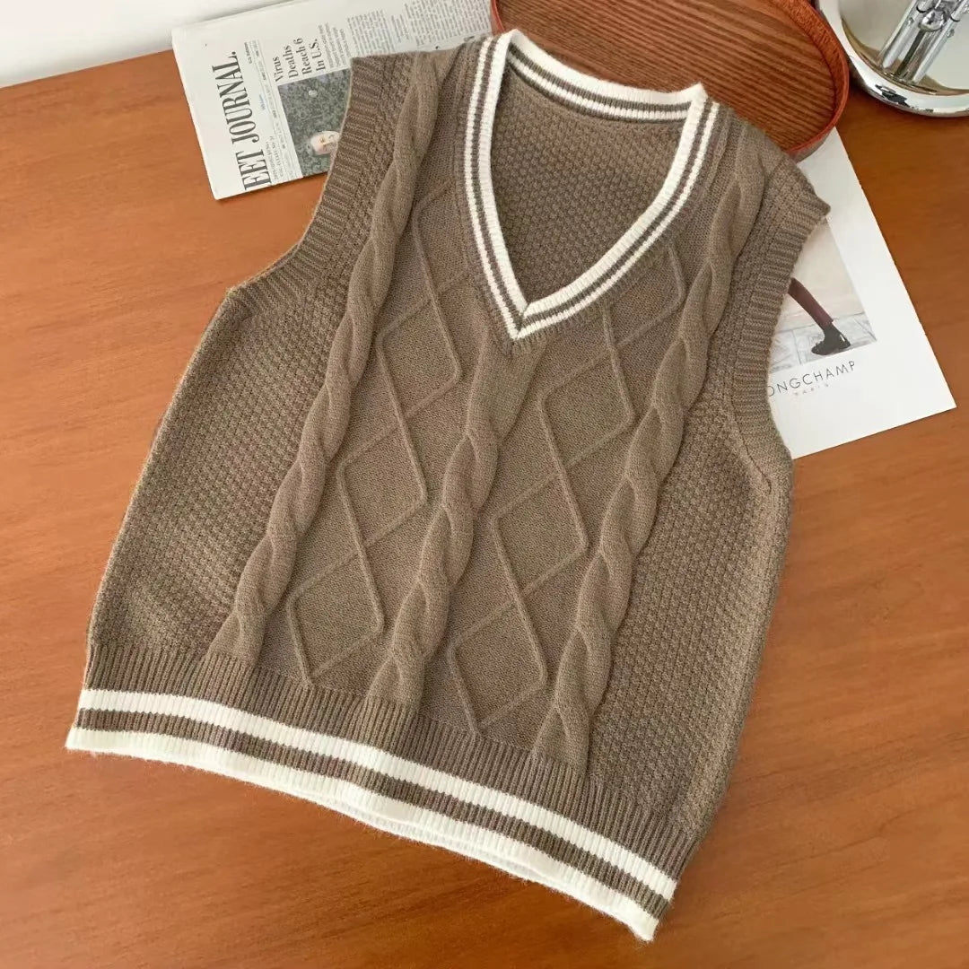 Strickpullunder Damen V-Ausschnitt Zopfmuster College-Stil