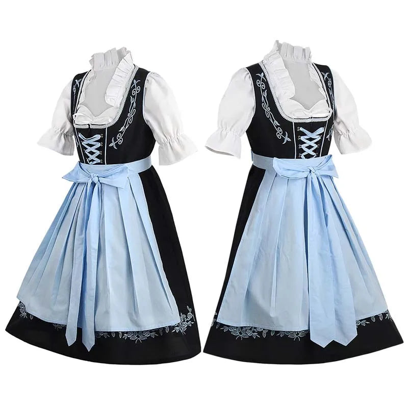 Robe traditionnelle dirndl pour femme avec tablier et blouse, noir et bleu avec broderies