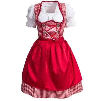 Czerwona damska sukienka ludowa dirndl w kratę z fartuchem i bluzką